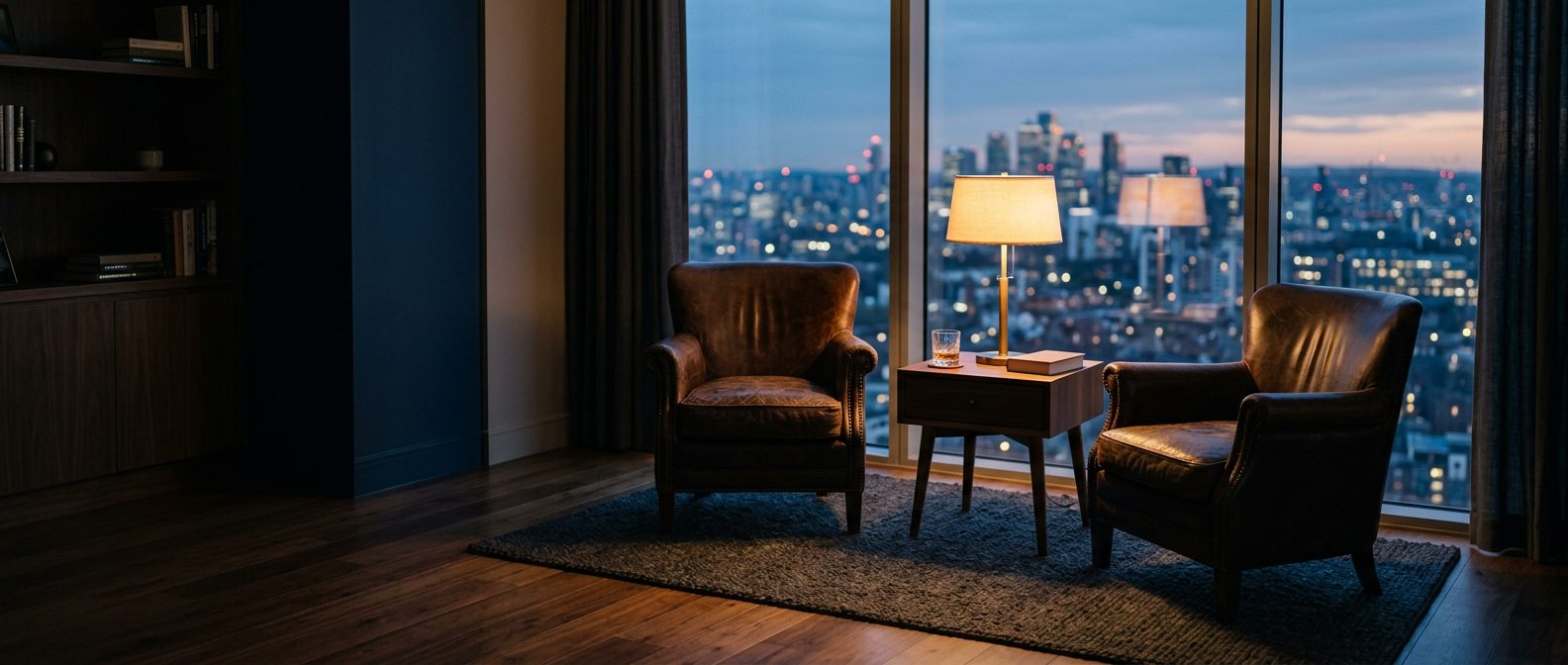 Two armchairs facing each other at dusk